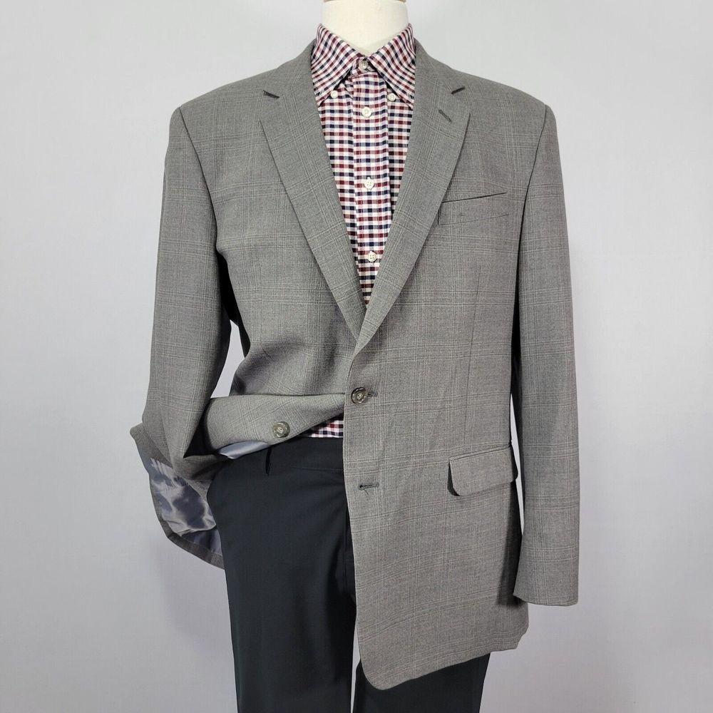 Kenneth Cole Men's Sport Coat Blazer Two Button Gray Plaid Wool Size 44r